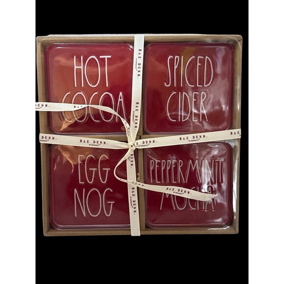 Rae Dunn Christmas Winter Drinks Red and White Coaster Gift Set New in Box - Picture 2 of 2